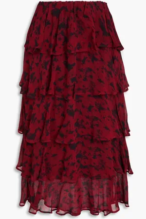 Ganni Tiered printed georgette midi skirt - Red - DE 40