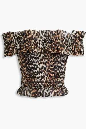 Ganni Off-the-shoulder cropped leopard-print Lyocell-blend top - - DE 42