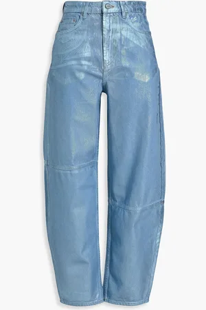 Ganni Metallic coated high-rise barrel-leg jeans - Blue - 27