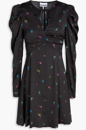 Ganni Ruched embroidered stretch-satin mini dress - - DE 36