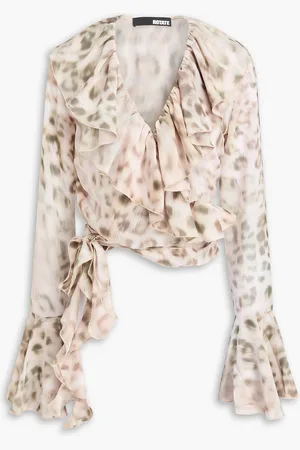 ROTATE Cropped ruffled leopard-print chiffon wrap top - - DE 40