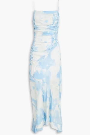Ganni Ruched printed satin midi dress - Blue - DE 40