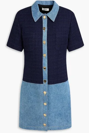 Sandro Denim-paneled tweed mini shirt dress - Blue - FR 34