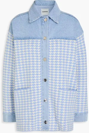 Sandro Houndstooth denim-paneled stretch-knit shirt jacket - Blue - 0