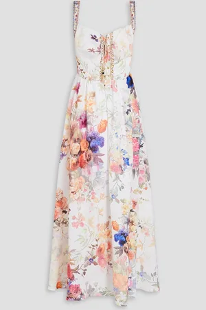Camilla Crystal-embellished floral-print linen midi dress - White - L