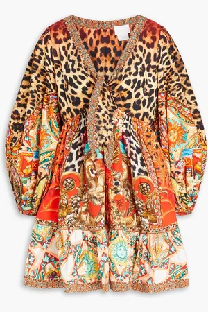 Camilla Knotted crystal-embellished printed cotton-poplin mini dress - - XL