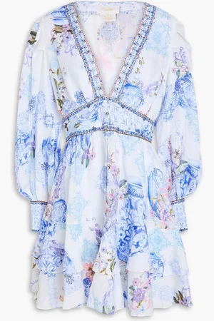 Camilla Tiered crystal-embellished printed linen mini dress - Blue - 3XL