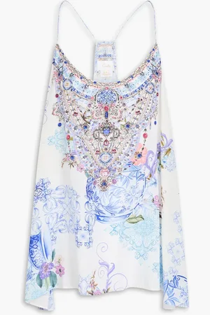 Camilla Crystal-embellished printed silk crepe de chine top - Blue - XXL