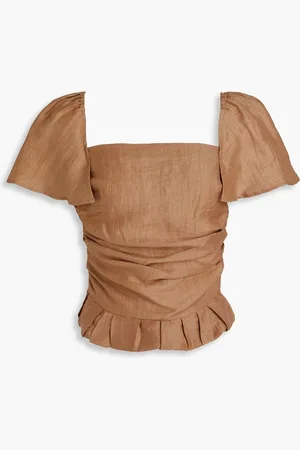 Maje Shirred crinkled linen-blend top - Brown - 1