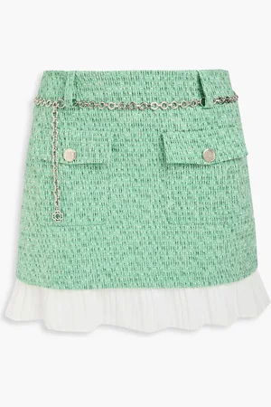 Maje Pleated satin crepe-paneled cotton-blend tweed mini skirt - Green - FR 36