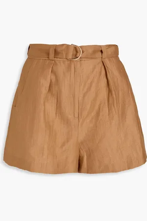 Maje Belted linen-blend shorts - Brown - FR 34
