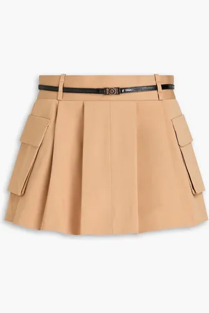 Maje Belted pleated cotton-twill mini skirt - Neutral - FR 42