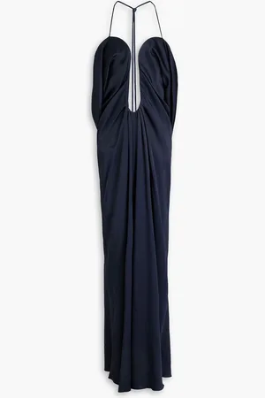 Victoria Beckham Pleated satin-crepe halterneck maxi dress - Blue - UK 10