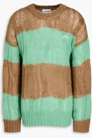 Ganni Striped cable-knit merino wool-blend sweater - Green - L/XL