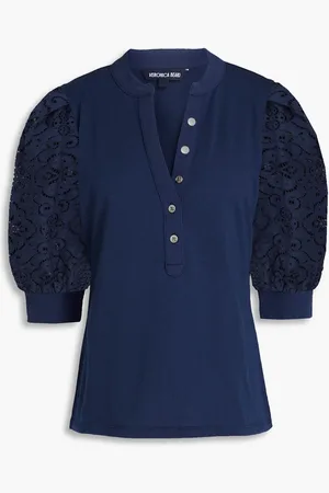 VERONICA BEARD Coralee lace-paneled cotton-jersey top - Blue - XS