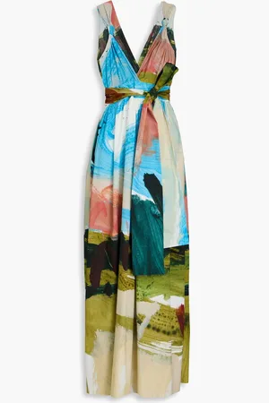 Oscar de la Renta Belted printed cotton-poplin maxi dress - Blue - US 16