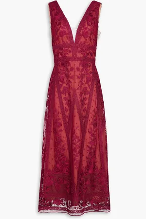 Marchesa Notte Tulle-trimmed guipure lace midi dress - - US 0