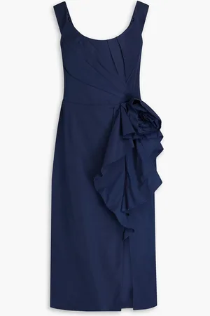 Marchesa Notte Off-the-shoulder floral-appliquéd taffeta midi dress - Blue - US 10