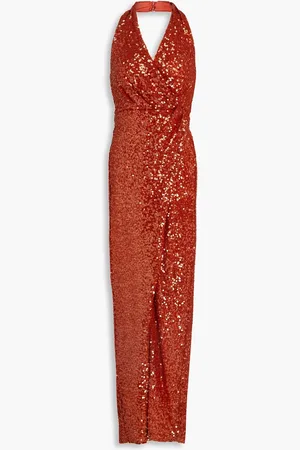Halston Heritage Svetlana wrap-effect sequined mesh halterneck gown - Metallic - US 0