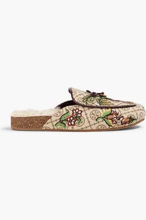 Tory Burch Embellished printed jacquard slippers - Neutral - US 11