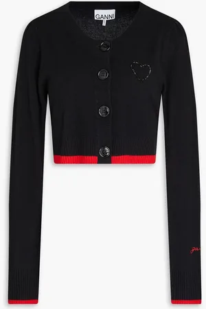 Ganni Cropped bead-embellished wool and cashmere-blend cardigan - - M