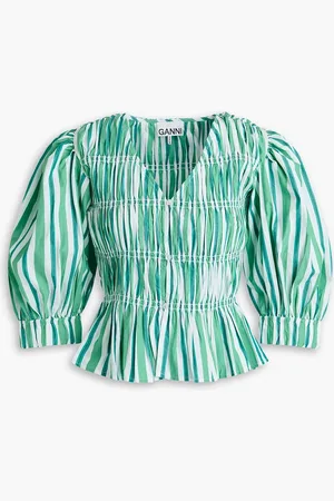 Ganni Shirred striped cotton-poplin blouse - - DE 36