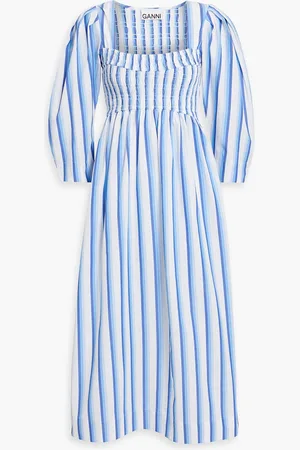 Ganni Shirred striped cotton-poplin midi dress - - DE 32