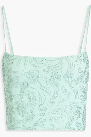 Staud Fermo cropped bead-embellished tulle top - Green - M