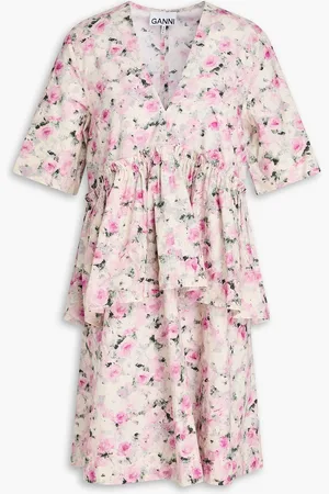 Ganni Ruffled floral-print cotton-poplin mini dress - White - DE 38
