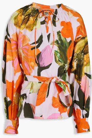STINE GOYA Belted floral-print slub woven blouse - Pink - XS