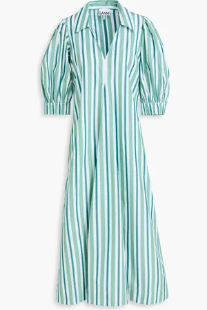 Ganni Striped cotton-poplin midi shirt dress - Green - DE 32
