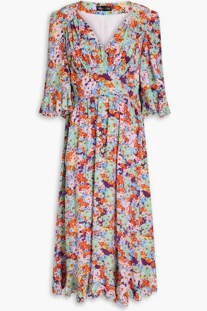 STINE GOYA Evelyn pleated floral-print silk crepe de chine midi dress - - XL