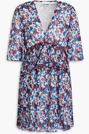 Ganni Floral-print plissé crepe de chine mini dress - - DE 34