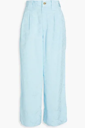 Ganni Cropped pleated satin-jacquard wide-leg pants - Blue - DE 44