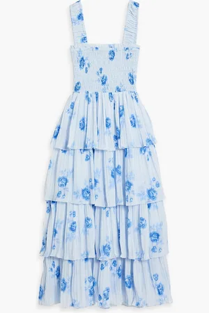 Ganni Tiered floral-print crepe de chine midi dress - Blue - DE 42