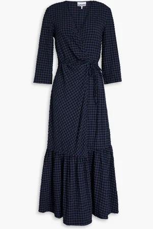 Ganni Gingham seersucker midi wrap dress - Blue - DE 38