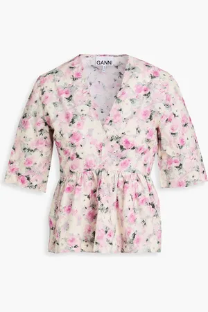 Ganni Gathered floral-print cotton-poplin top - Pink - DE 42