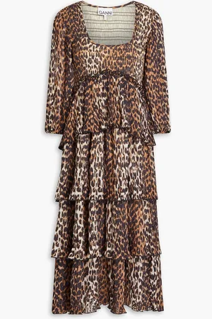 Ganni Tiered leopard-print georgette midi dress - - DE 32