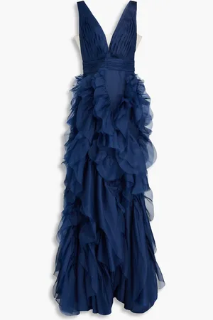 Marchesa Notte Ruffled silk-organza gown - Blue - US 12