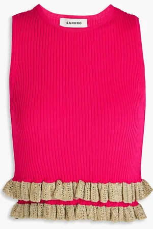 Sandro Cropped ruffled crochet-trimmed ribbed-knit tank - Pink - 3