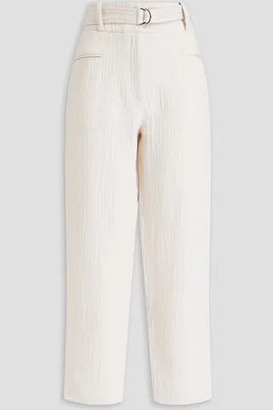 IRO Belted cotton and linen-blend jacquard tapered pants - White - FR 34