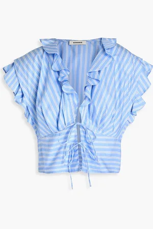 Sandro Cropped ruffled striped cotton-poplin top - Blue - 3