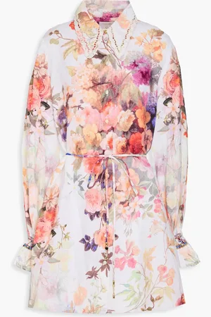 Camilla Embellished floral-print linen mini shirt dress - - XL