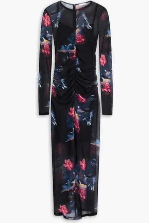 Ganni Ruched floral-print stretch-mesh midi dress - - DE 38