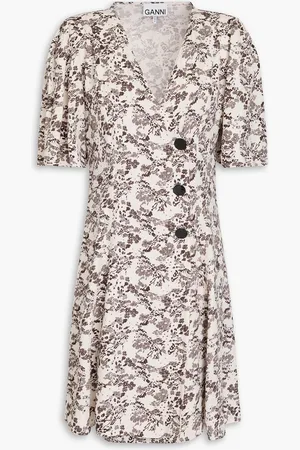 Ganni Gathered floral-print twill mini wrap dress - Brown - DE 40