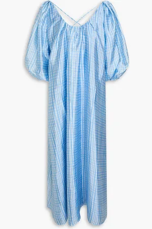 STINE GOYA Gathered checked satin-crepe midi dress - Blue - XS