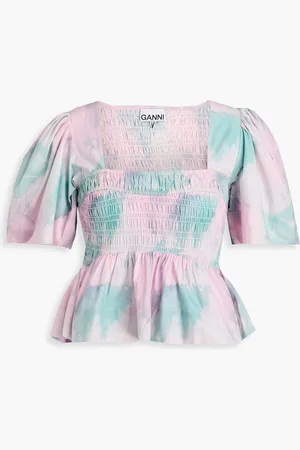 Ganni Smocked printed cotton-poplin peplum top - Purple - DE 36