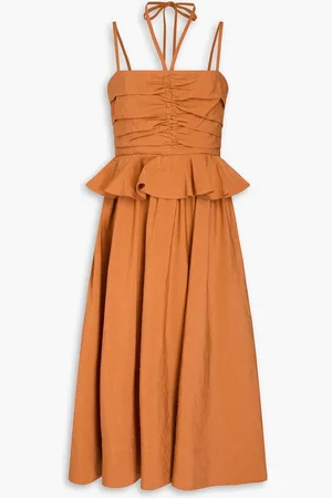 ULLA JOHNSON Anastasia ruched cotton, linen and silk-blend midi dress - Brown - US 2