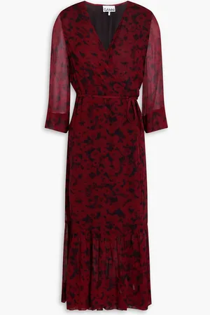 Ganni Printed georgette midi wrap dress - Burgundy - DE 32