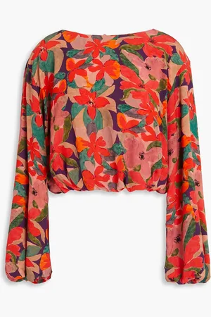 Solid Cropped floral-print crepe de chine top - - L